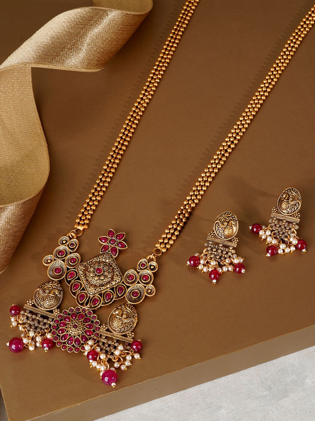 TEEJH Ruby Stone Studded & Beaded Necklace and Earrings