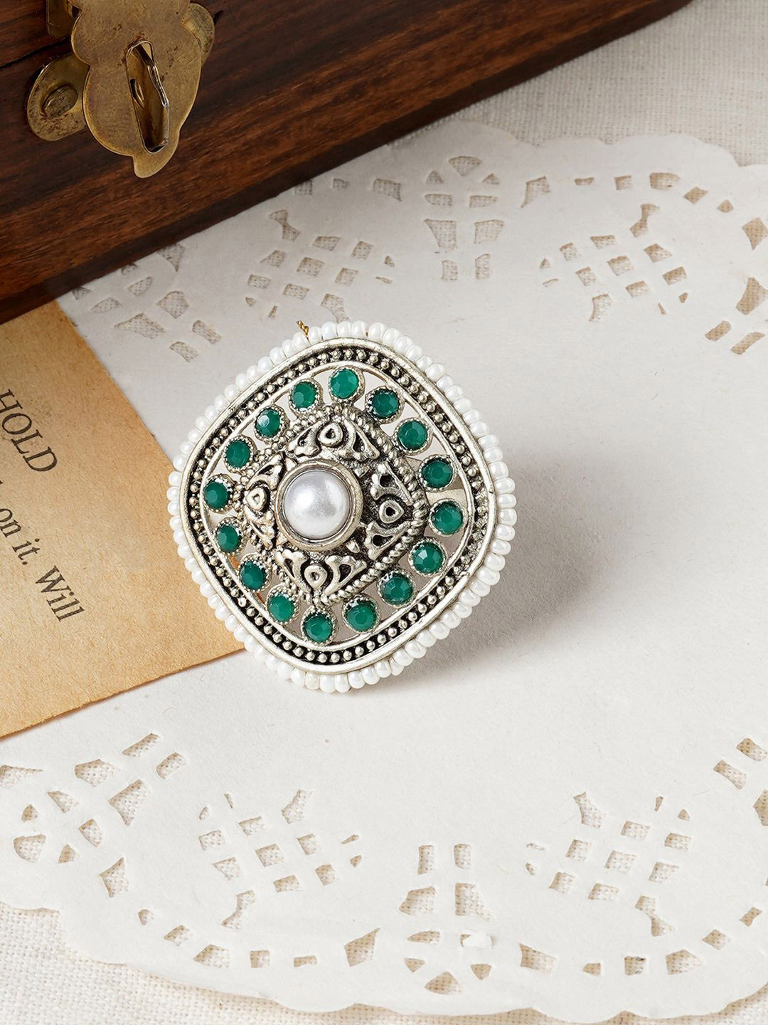TEEJH Bhairadevi Silver Stone-Studded Finger Oxidised Ring