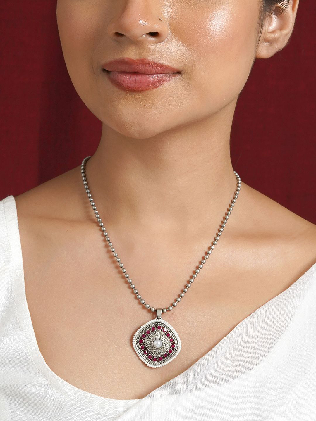 TEEJH Suniti Silver-Plated Stones Studded Pendant With Chain