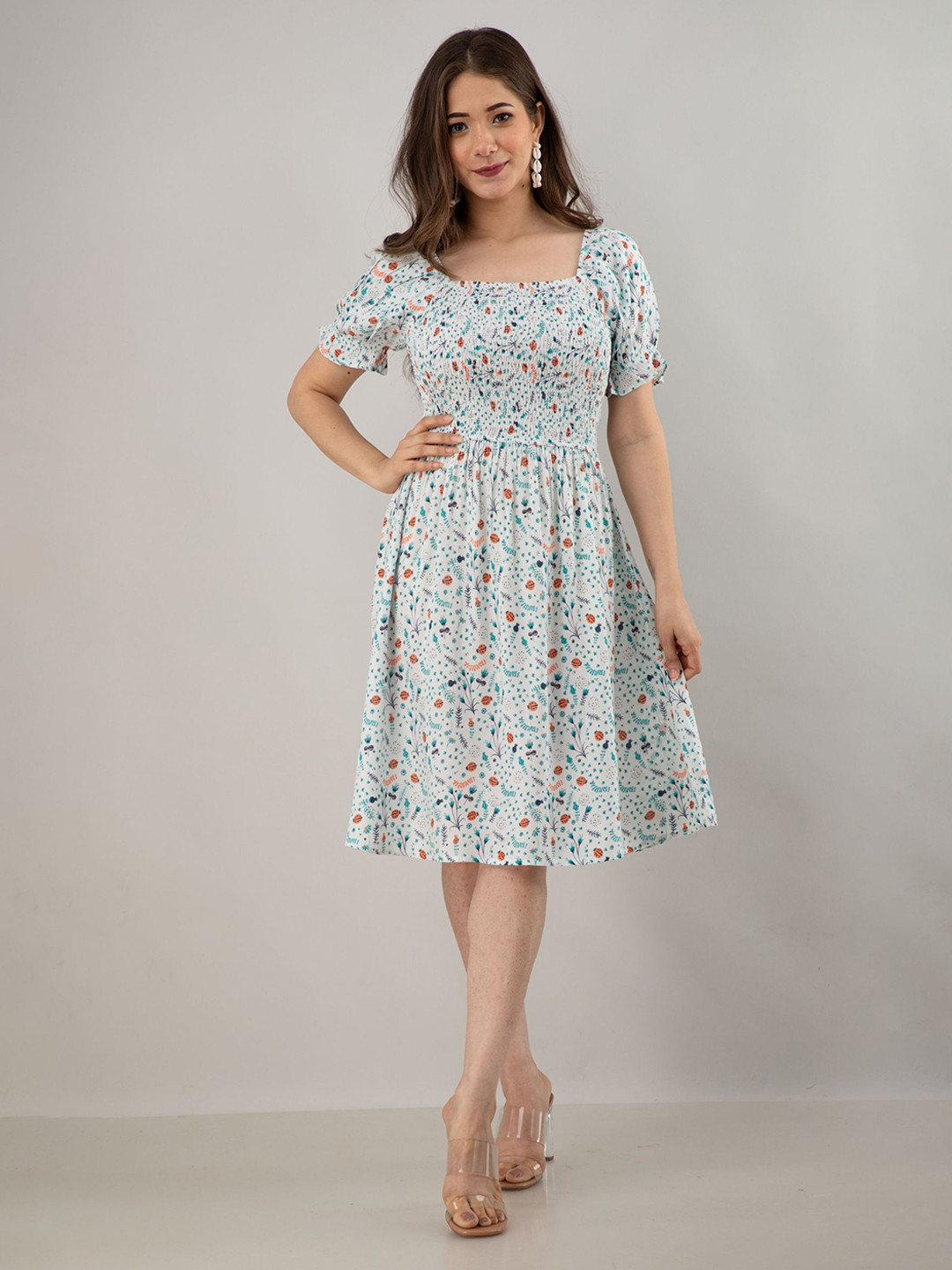 Fuchsia Floral Print Smocked Puff Sleeve Fit & Flare Dress