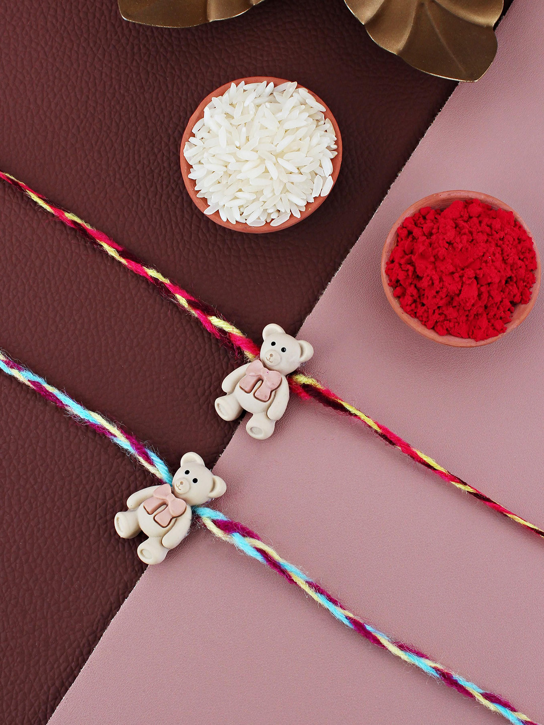 LUCKY JEWELLERY Set Of 2 Teddy Bear Thread Rakhis With Roli Chawal & Greeting Card
