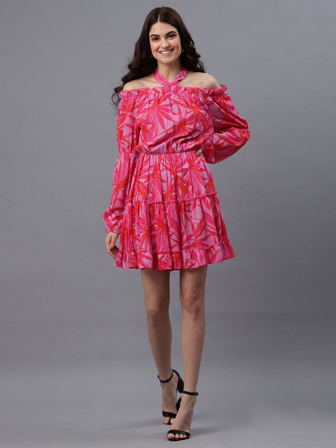 Fuchsia Pink Printed Off-Shoulder Puff Sleeve Chiffon Fit & Flare Dress