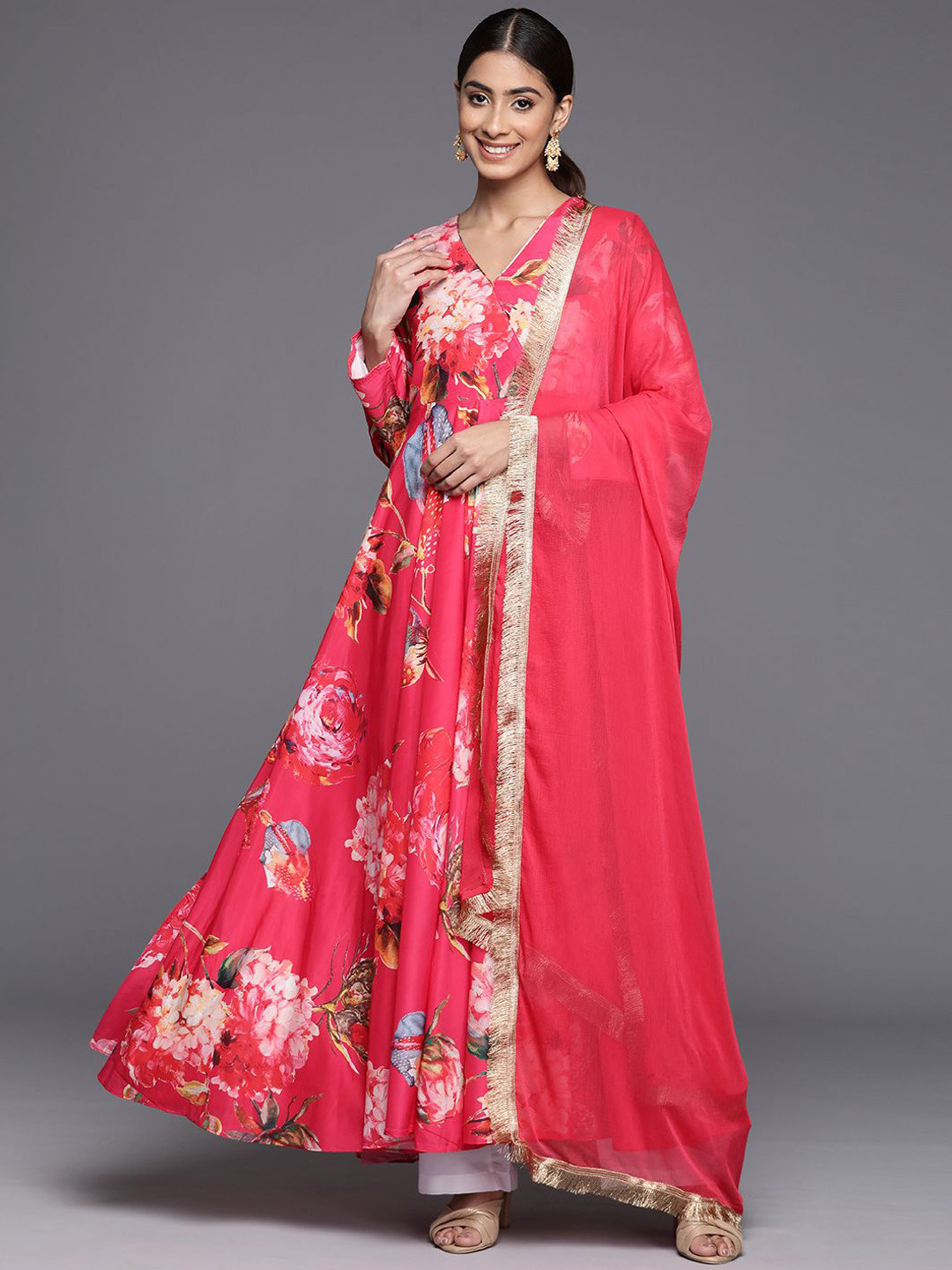 Varanga Pink Floral Printed V-Neck Cotton Panelled Anarkali Kurta With Dupatta