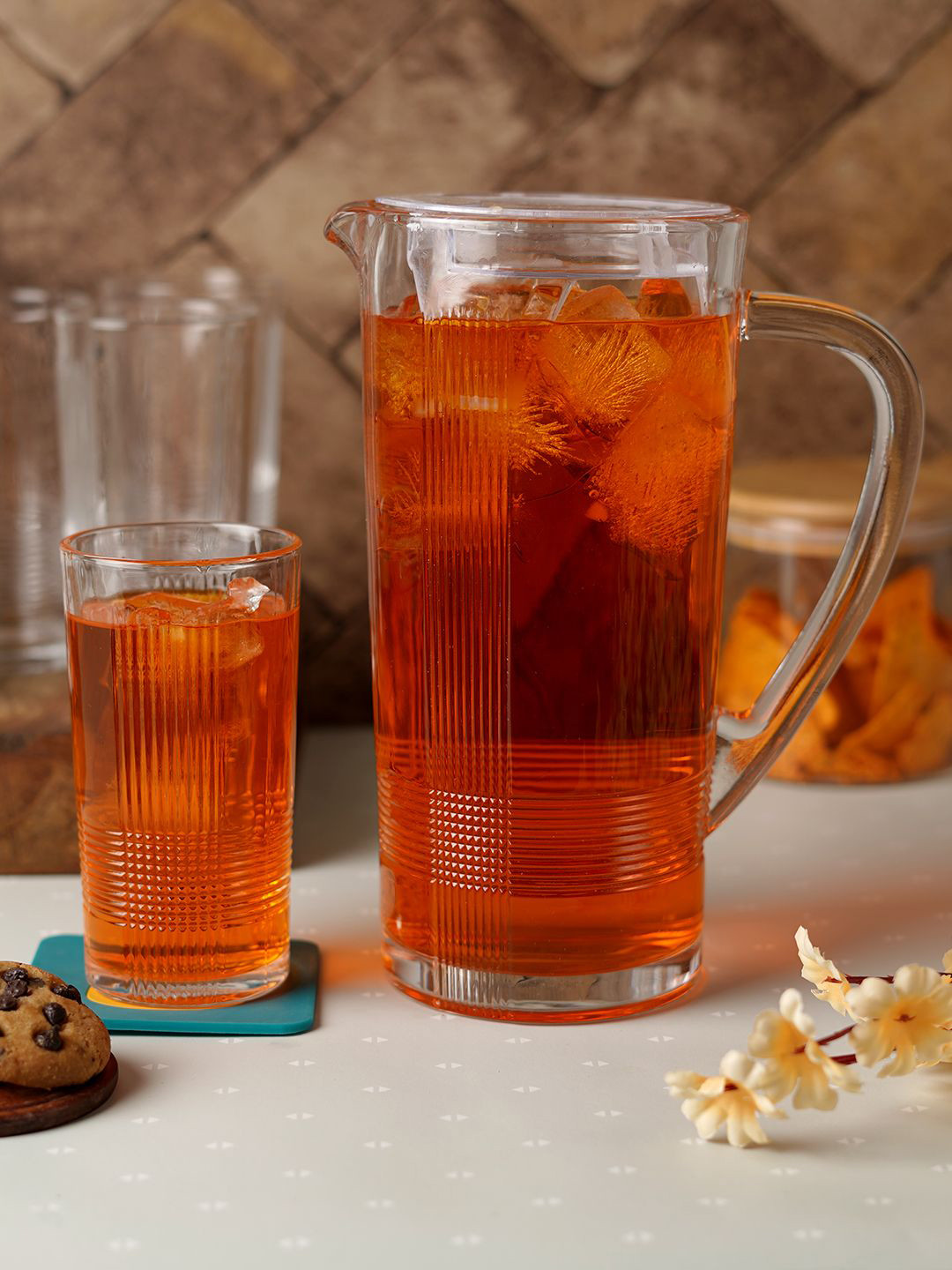 Aura Transparent 7 Pieces Textured Dishwasher & Microwave Safe Water Jug With Glasses
