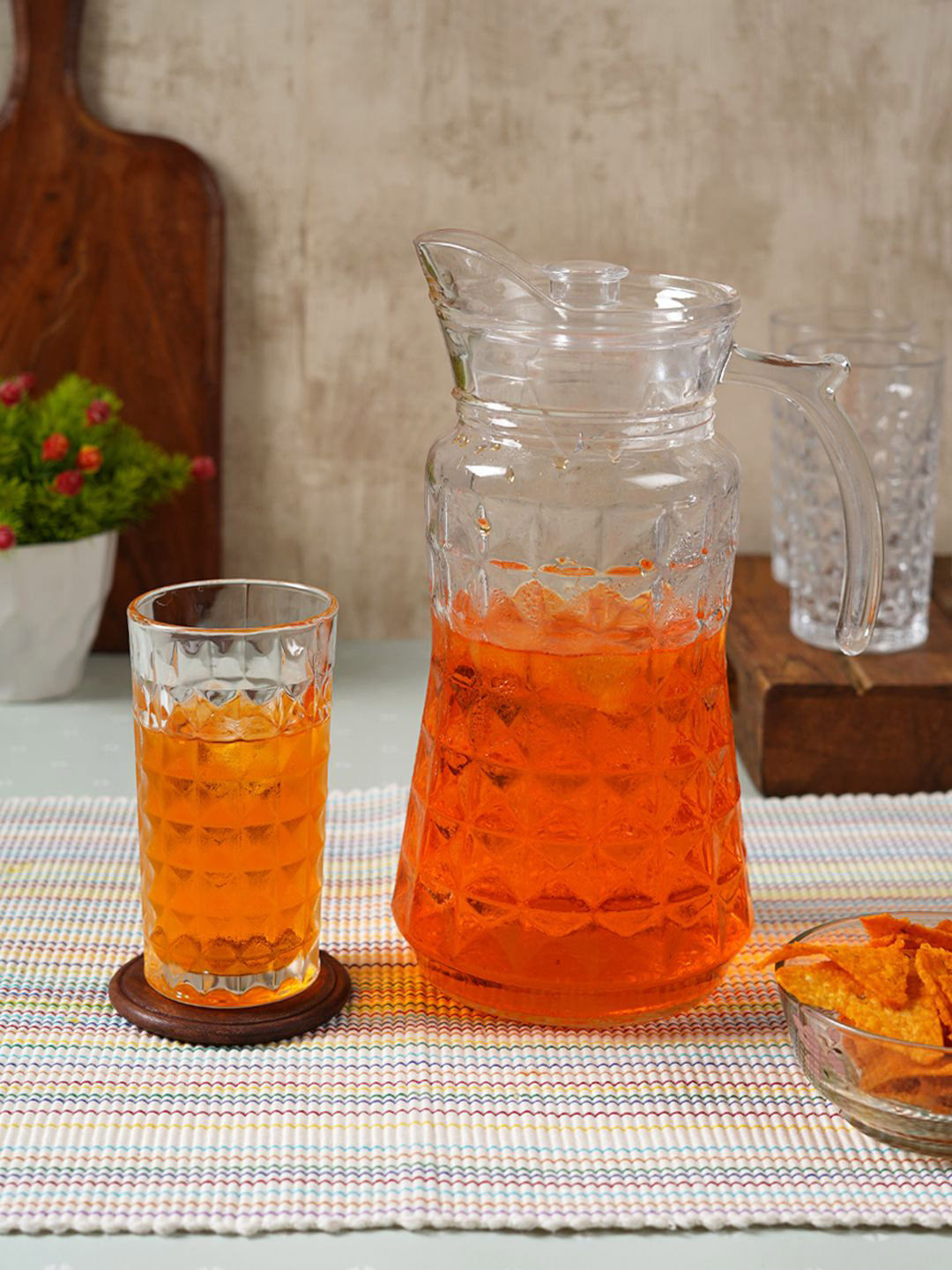 Aura Transparent 7 Pieces Textured Dishwasher & Microwave Safe Water Jug With Glasses