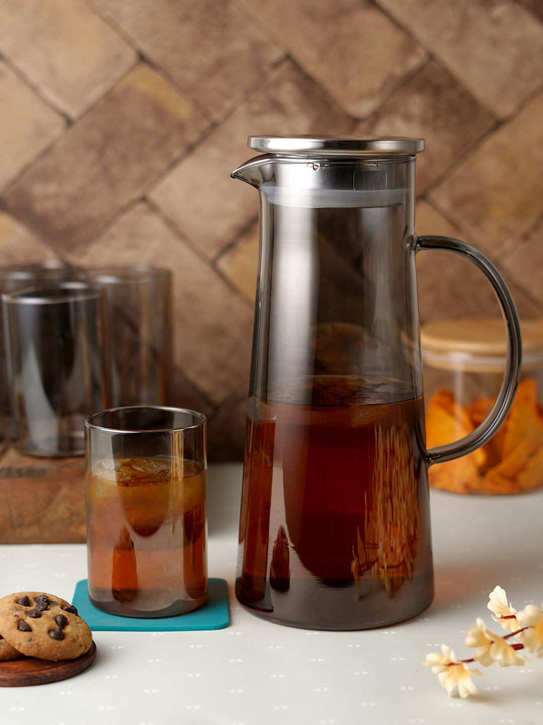 Aura Black 7 Pieces Dishwasher & Microwave Safe Water Jug With Glasses