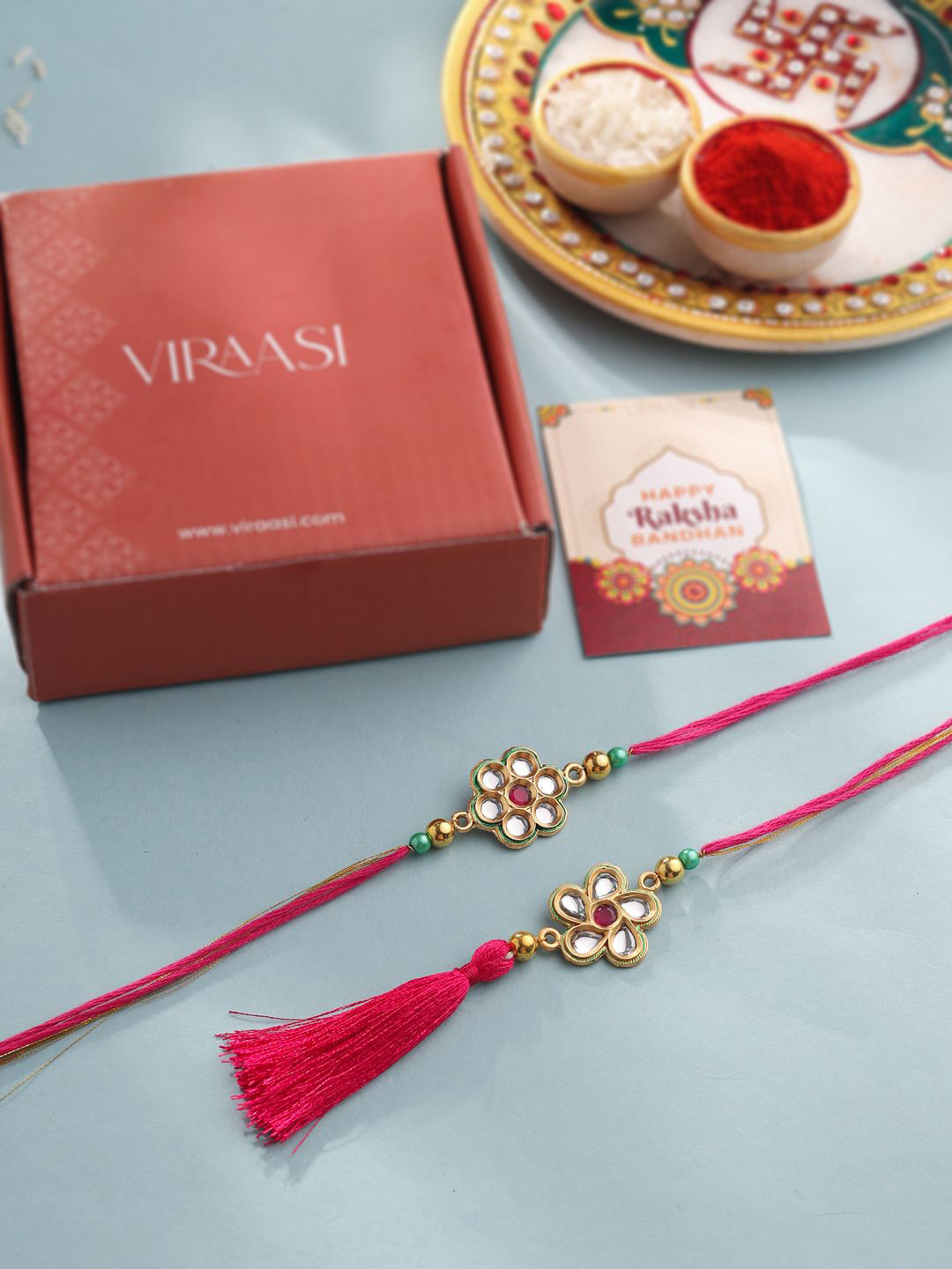 VIRAASI Set Of 2 Rakhi Bhaiya Bhabhi With Greetings Card & Perfume