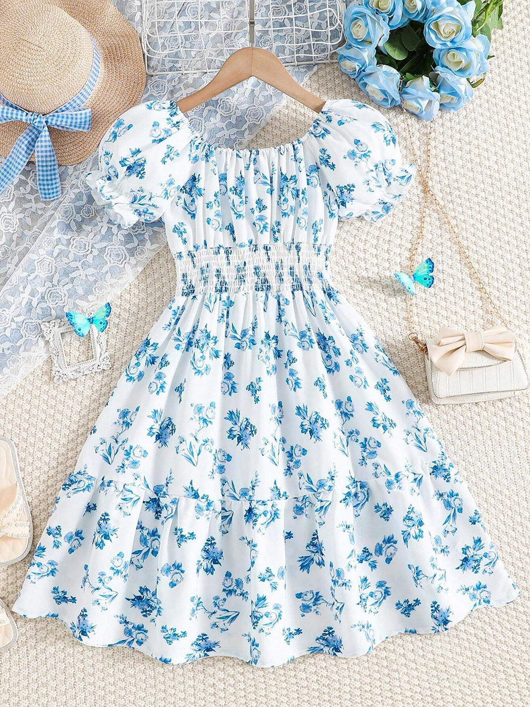 BAESD Girls Floral Printed Puff Sleeves Cotton Fit & Flare Dress