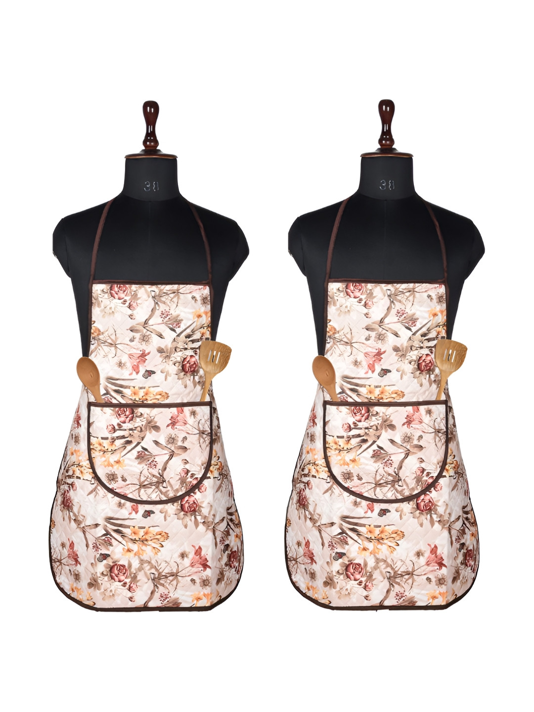 Kuber Industries Brown & Orange 2 Pieces Printed Aprons With Center Pocket