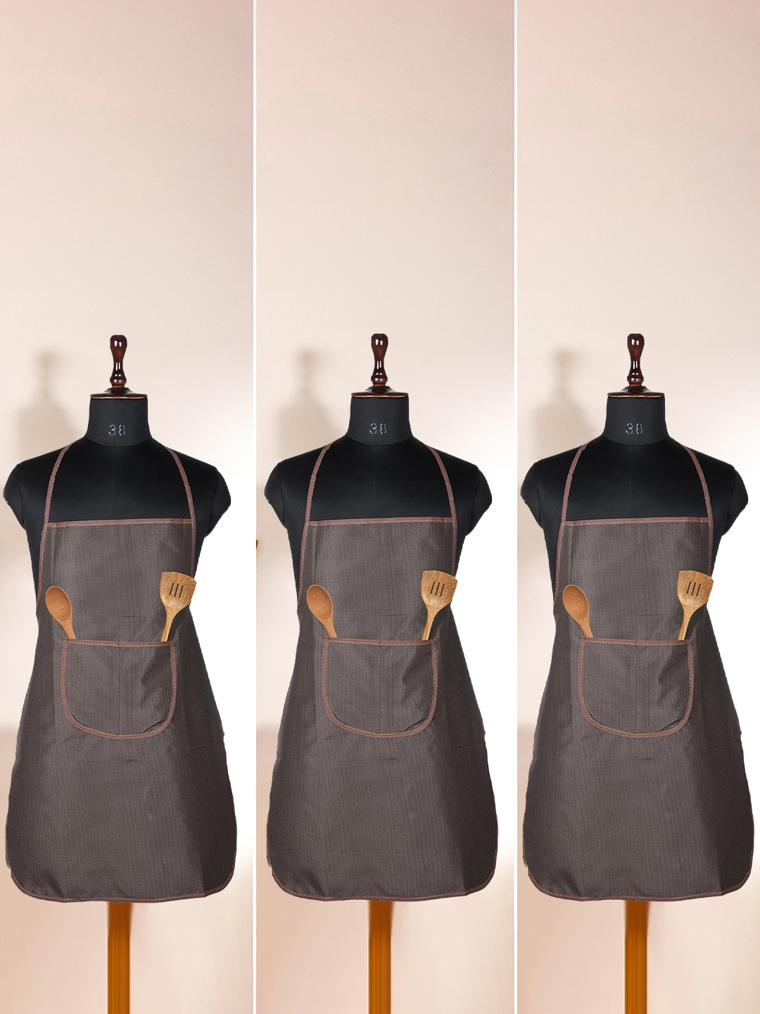 Kuber Industries Brown & Coffee Brown 3 Pieces Printed Velvet Aprons With Center Pocket