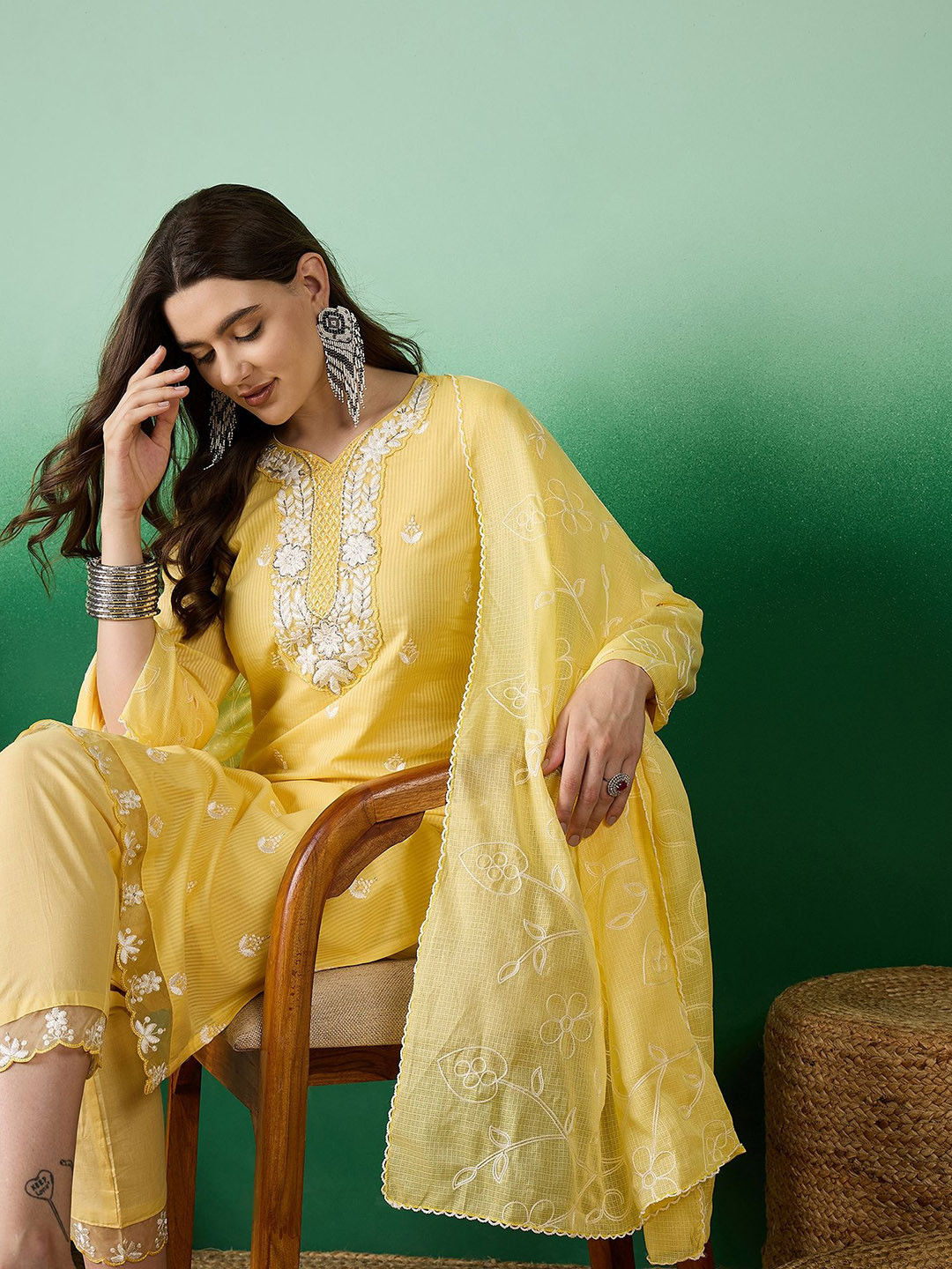 Sangria Lucknowi Handwork Embroidered Pure Cotton Kurta With Trousers & Dupatta