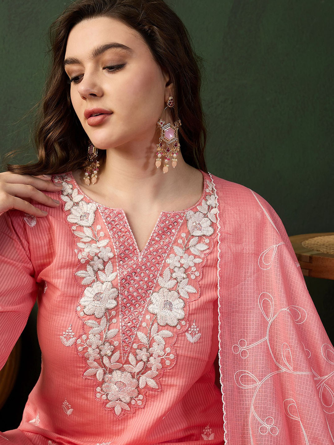 Sangria Lucknowi Handwork Embroidered Pure Cotton Straight Kurta Sets With Dupatta