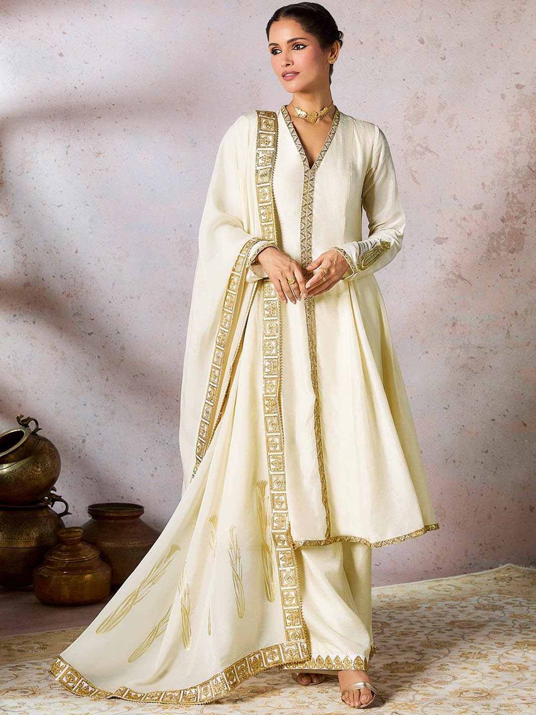 Masaba Alina Cut Embroidered Regular Thread Work Raw Silk Kurta with Palazzos & Dupatta