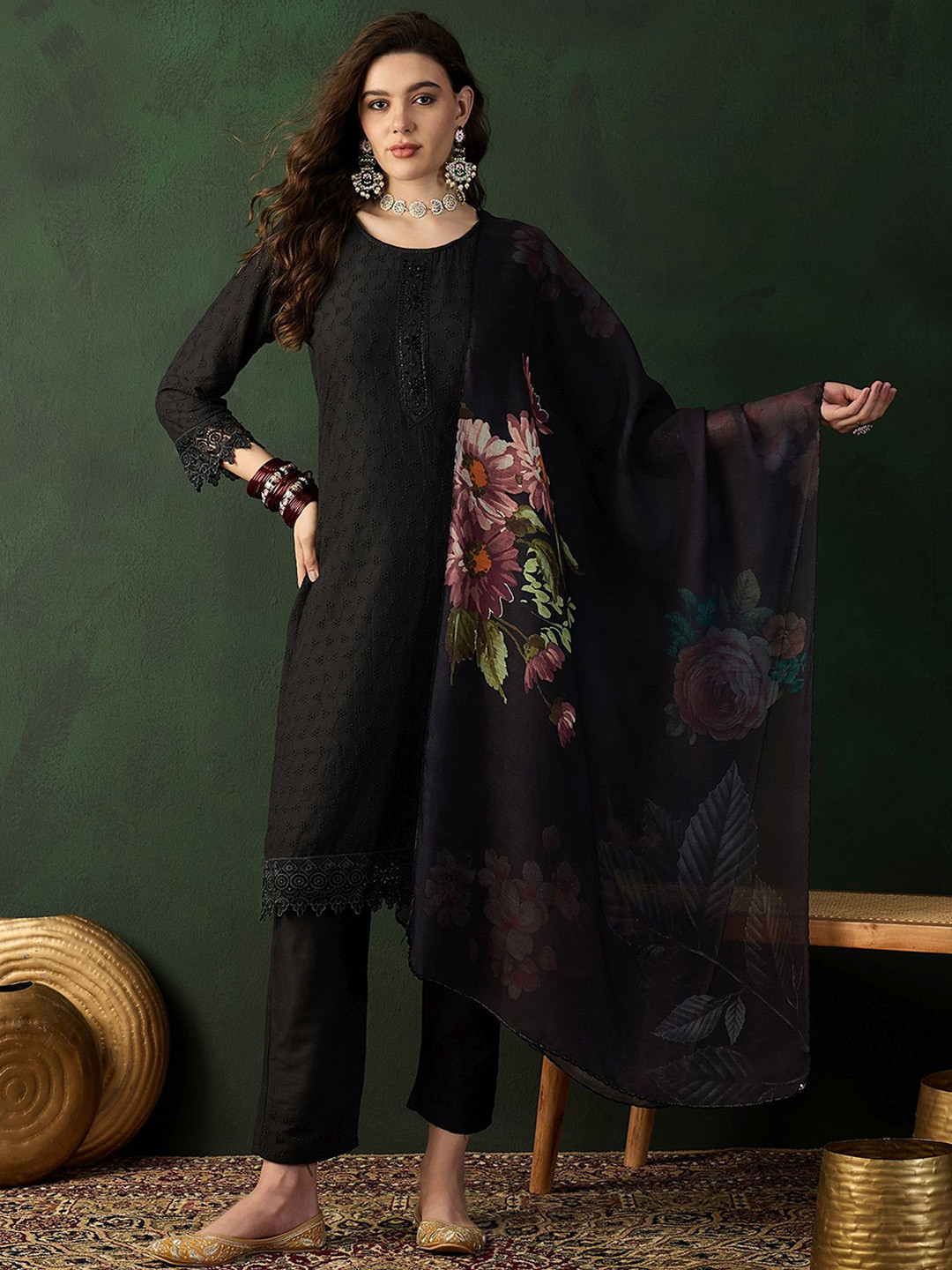 Sangria U Neck Embroidered Kurta Sets With Worked Dupatta