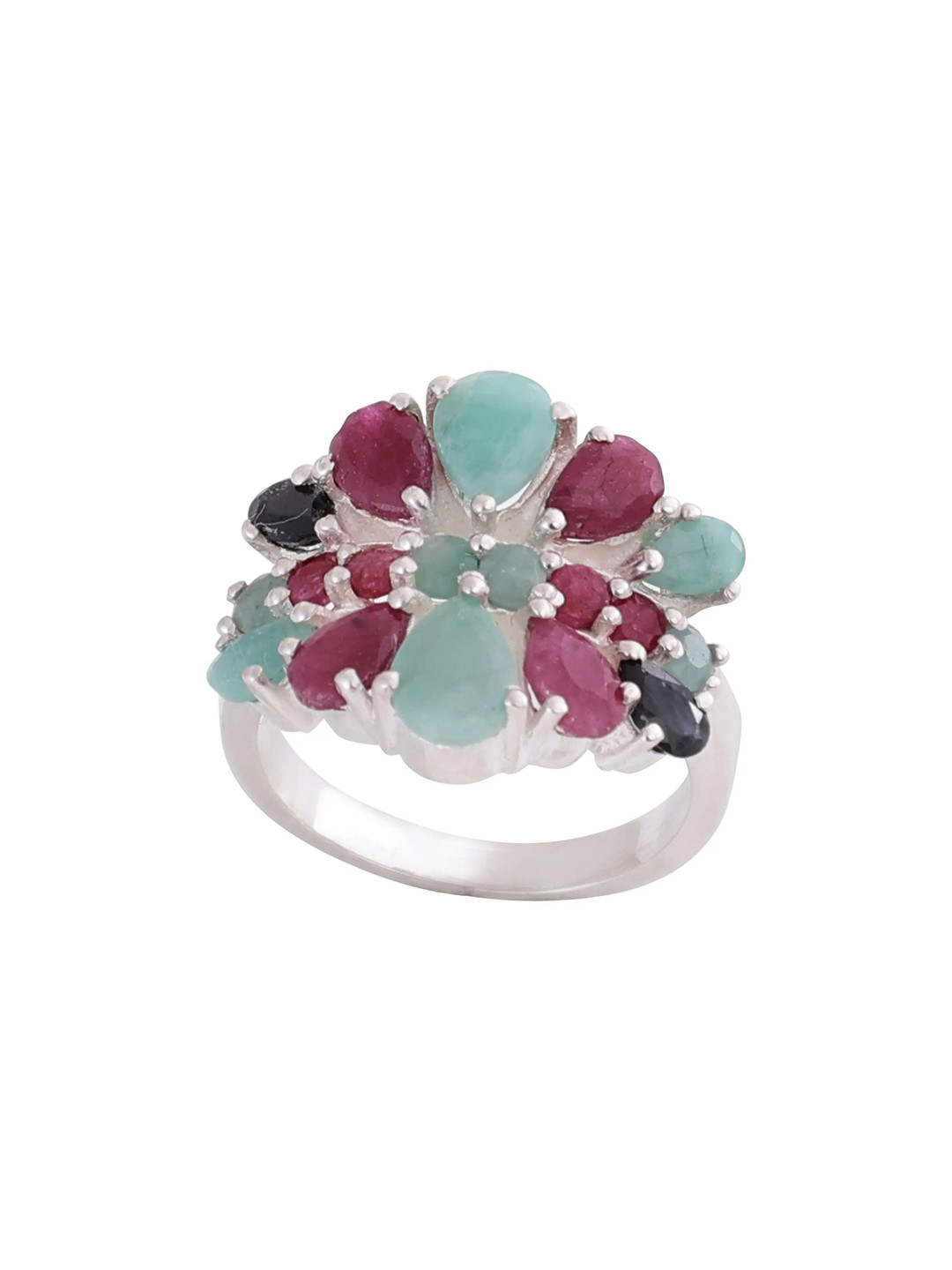 Exotic India Multiple Gemstones Superfine Sterling Silver Ring