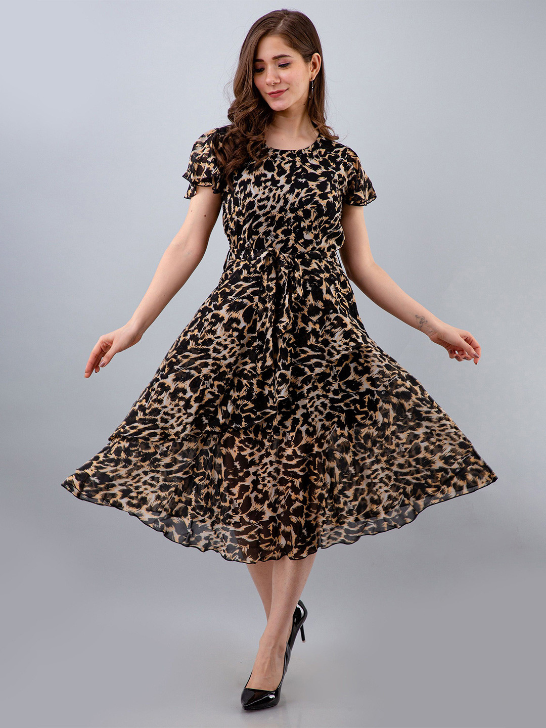 Fuchsia Animal Print Crepe Flared Sleeves Fit & Flare Midi Dress