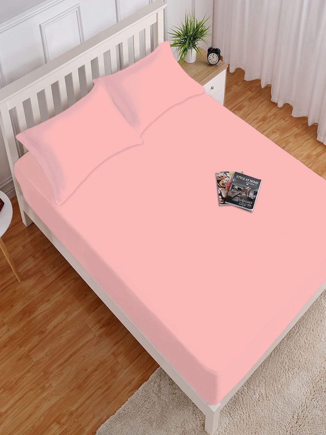 HOKIPO Pink Microfiber Easy Care 130 TC Fitted Double Bedsheet with 2 Pillow Covers-72 x 78 inches