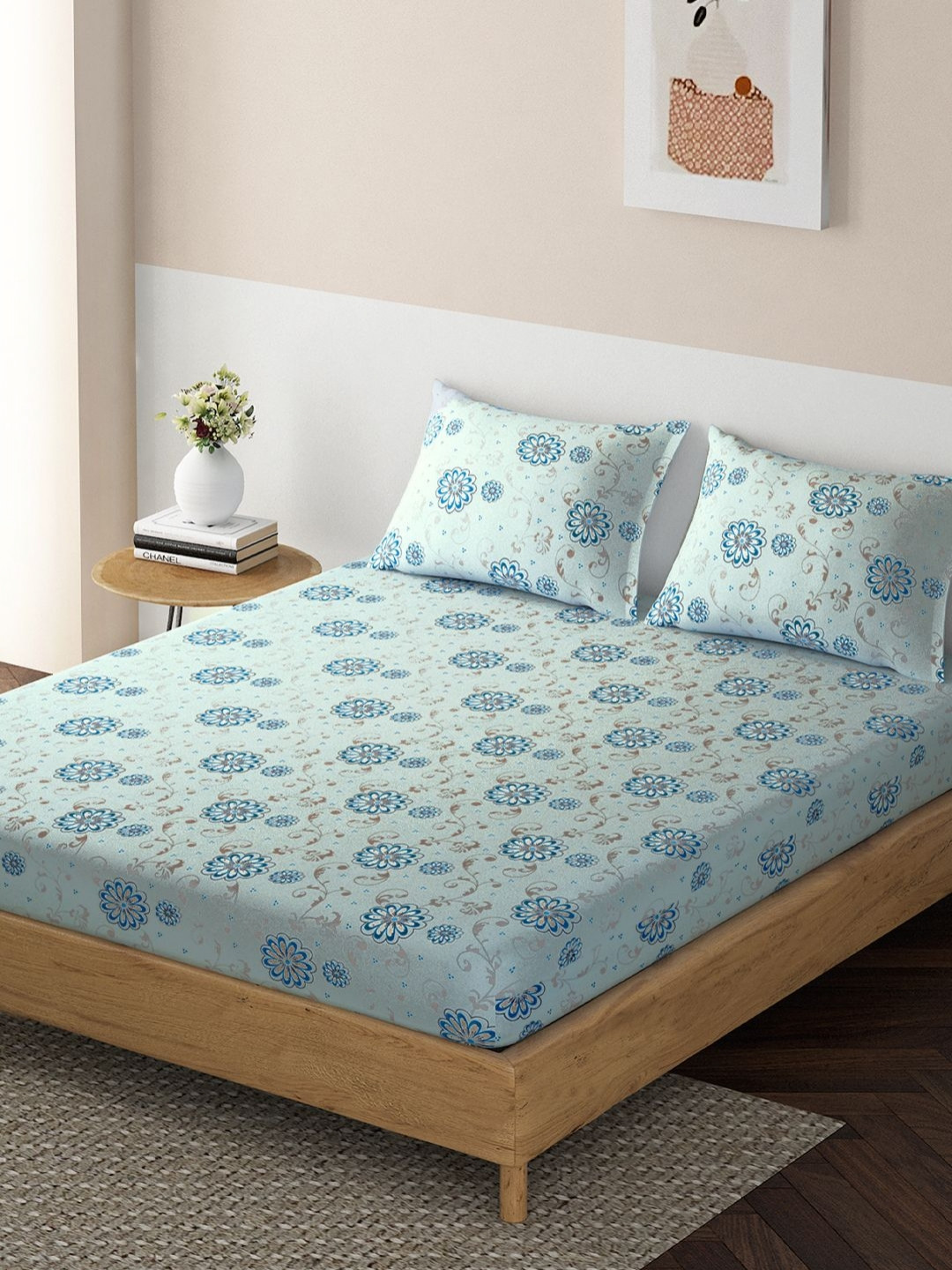 HOKIPO Forever Blue Floral Microfiber 140 TC Fitted King Bedsheet with 2 Pillow Covers-78 x 72 inches