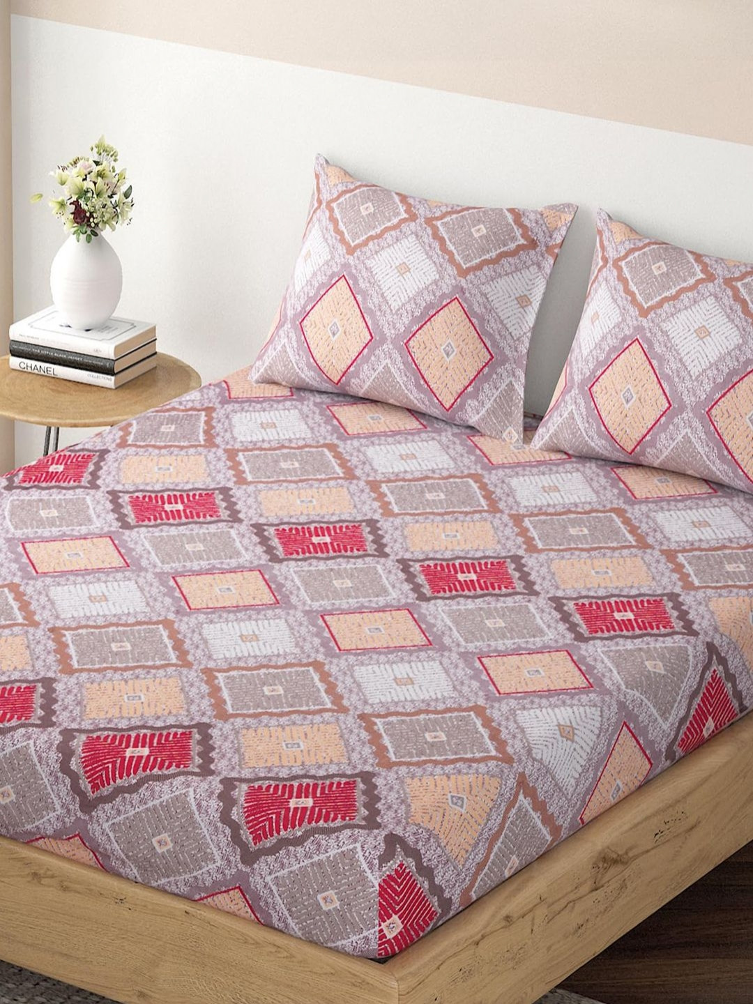HOKIPO Brown Ethnic Motifs Microfiber Easy Care 120 TC Fitted King Bedsheet with 2 Pillow Covers-78 x 72 inches
