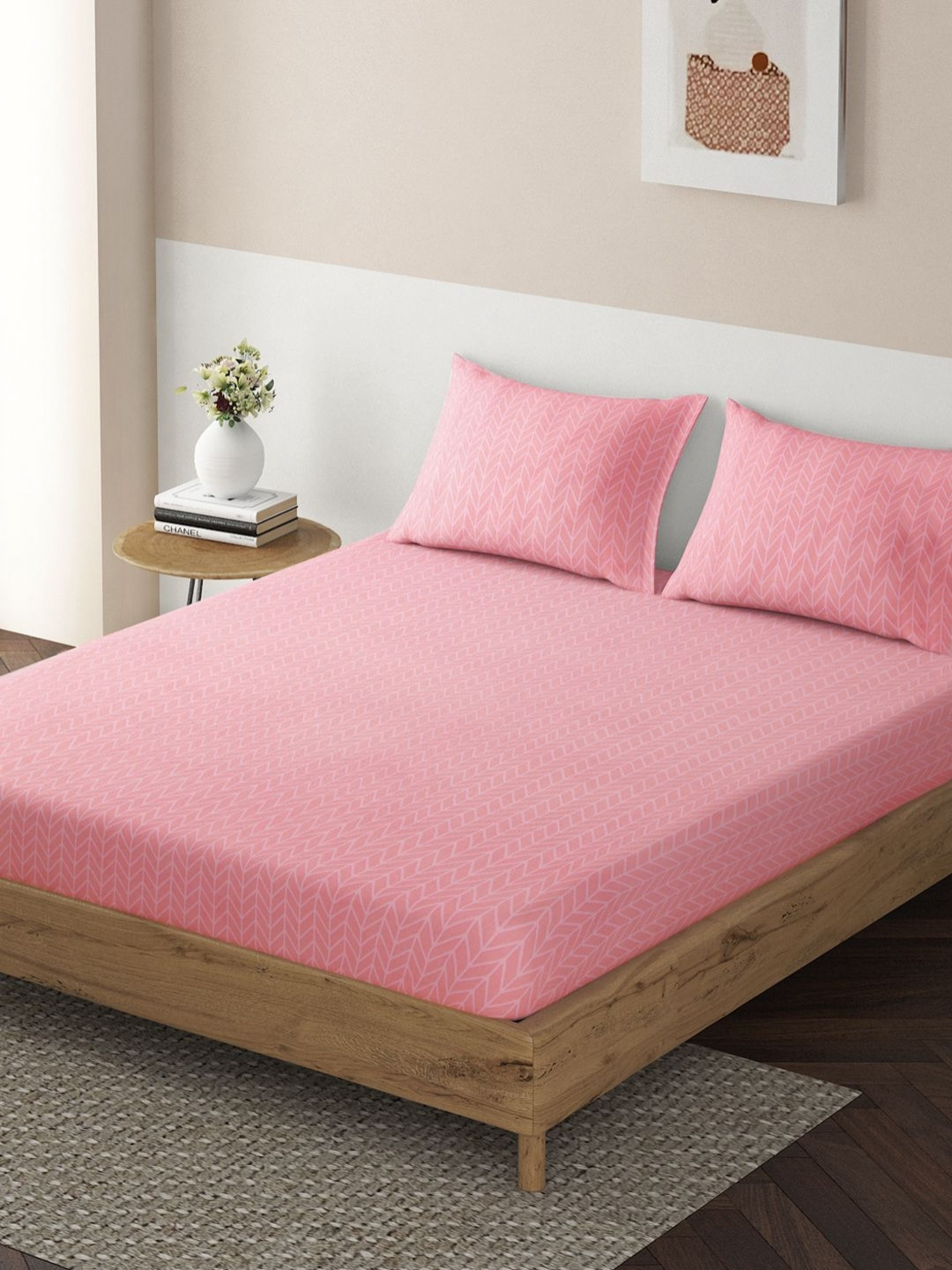 HOKIPO Brushed Pink Geometric Microfiber 130 TC Fitted Queen Bedsheet with 2 Pillow Covers-59 x 87 inches