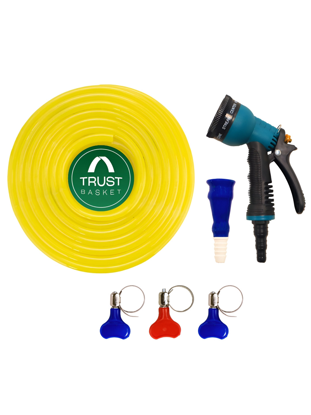 TRUSTBASKET Yellow Garden Hose Pipe 15 mtr & 7 Pattern Spray Gun, Tap Connector & 3 Clamps