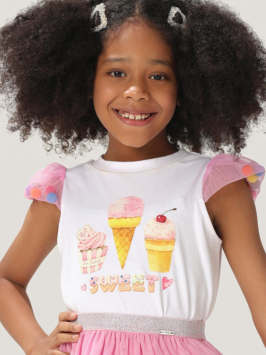 One Friday  Kids Girls White Cotton Round Neck Printed Cotton Top