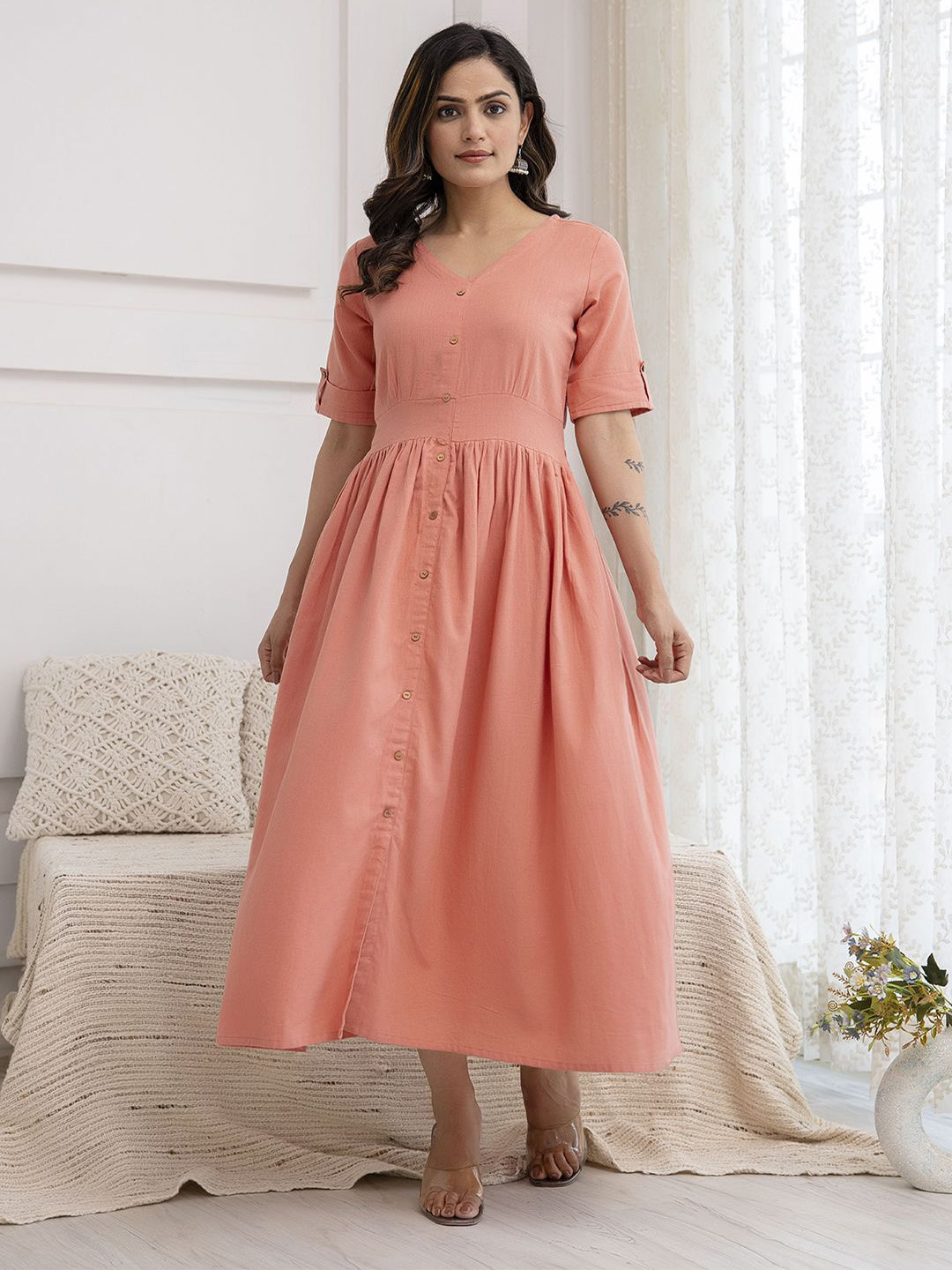 Nayo  V- Neck Roll-Up Sleeves Cotton Fit and Flare Midi Dress