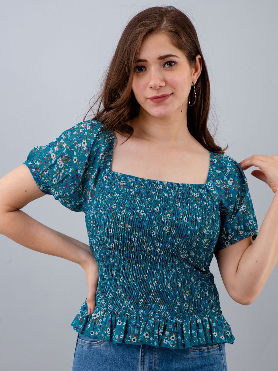 Fuchsia  Floral Print Flutter Sleeve Chiffon Cinched Waist Top