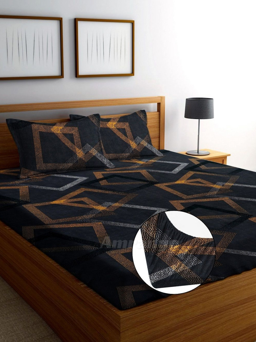 AMRANGE Black Geometric Microfiber 250 TC Fitted King Fine Bedsheet with 2 Pillow Covers-78 x 73 inches