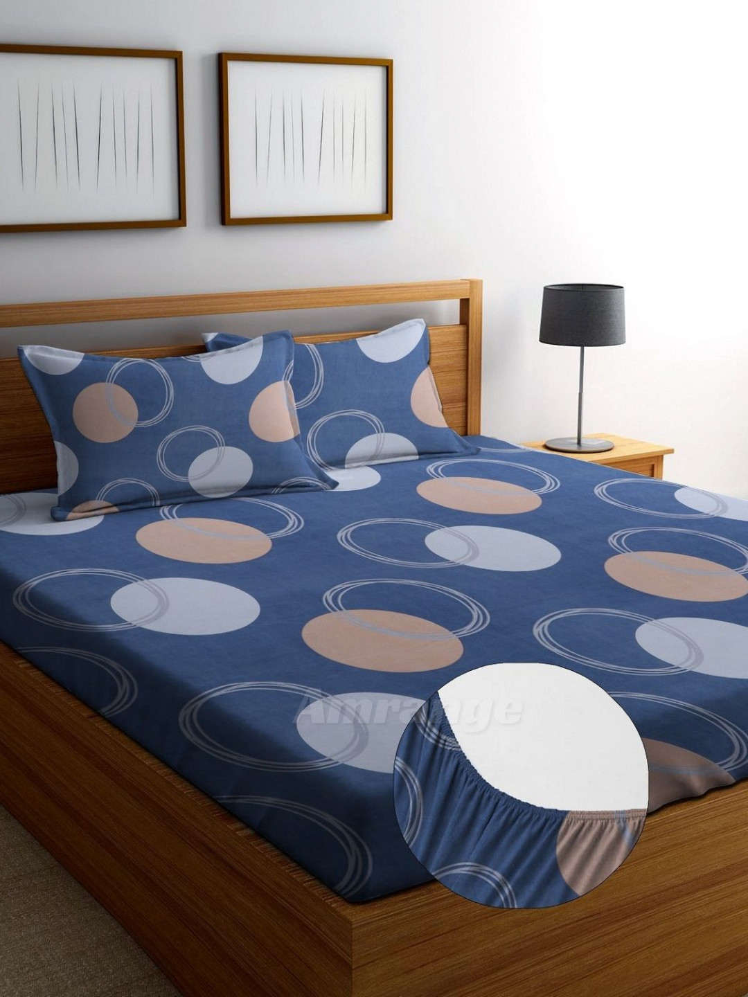 AMRANGE Blue Geometric Microfiber Breathable 250 TC Fitted King Fine Bedsheet with 2 Pillow Covers-78 x 73 inches