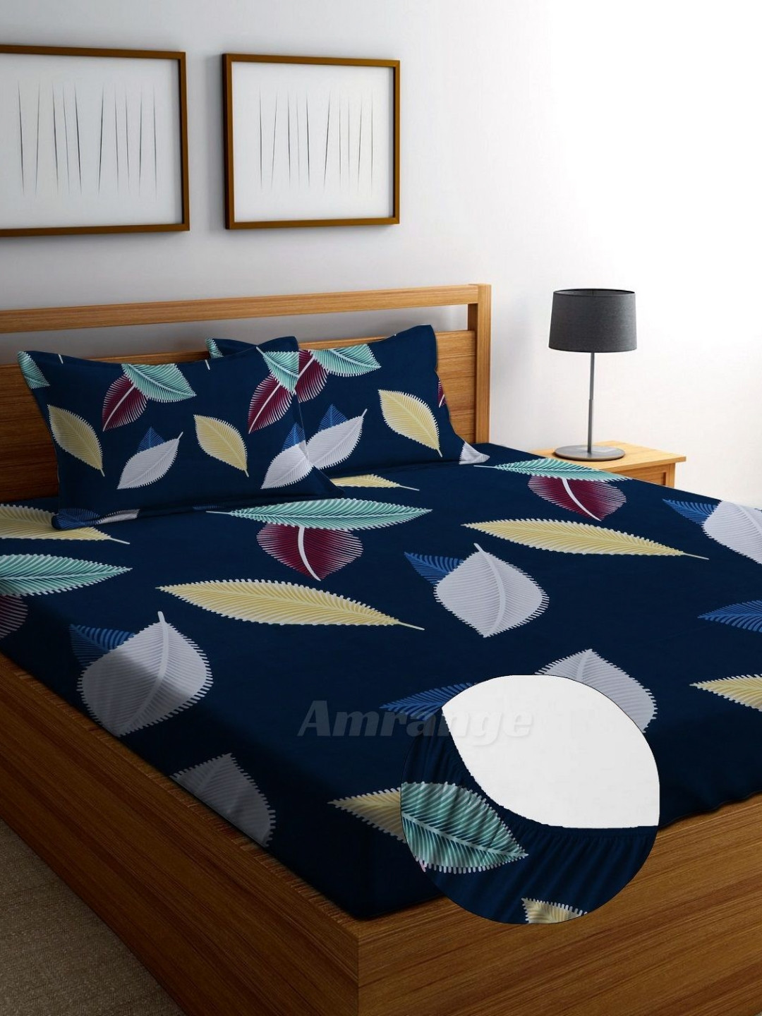 AMRANGE Navy Blue Leaf Microfiber Breathable 250 TC Fitted King Fine Bedsheet with 2 Pillow Covers-78 x 73 inches