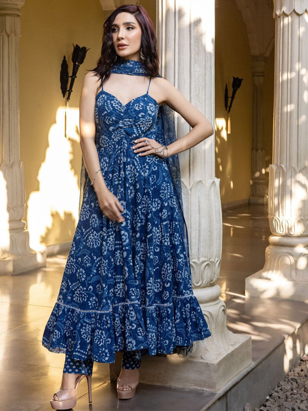 KALINI Floral Printed Shoulder Straps Pure Cotton Anarkali Kurta With Trouser & Dupatta - Kurta Sets for Women 30205822 | Myntra