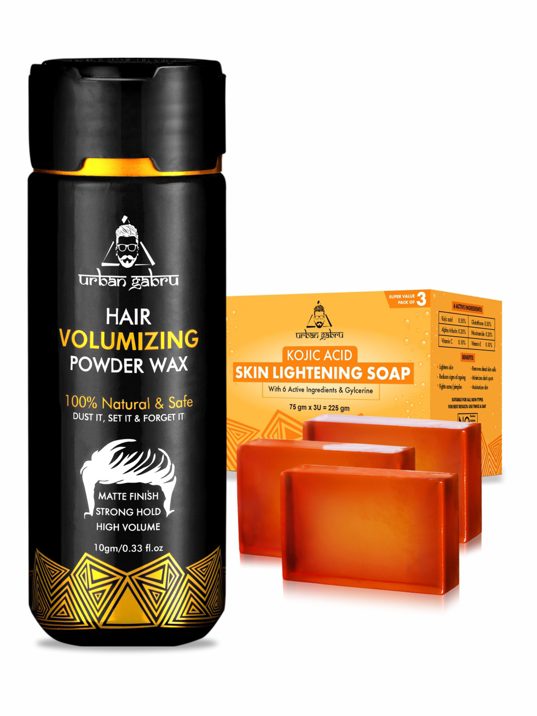 URBANGABRU Set of Hair Volumizing Powder Wax - 10 g & 3 Kojic Acid Soap - 75 g each