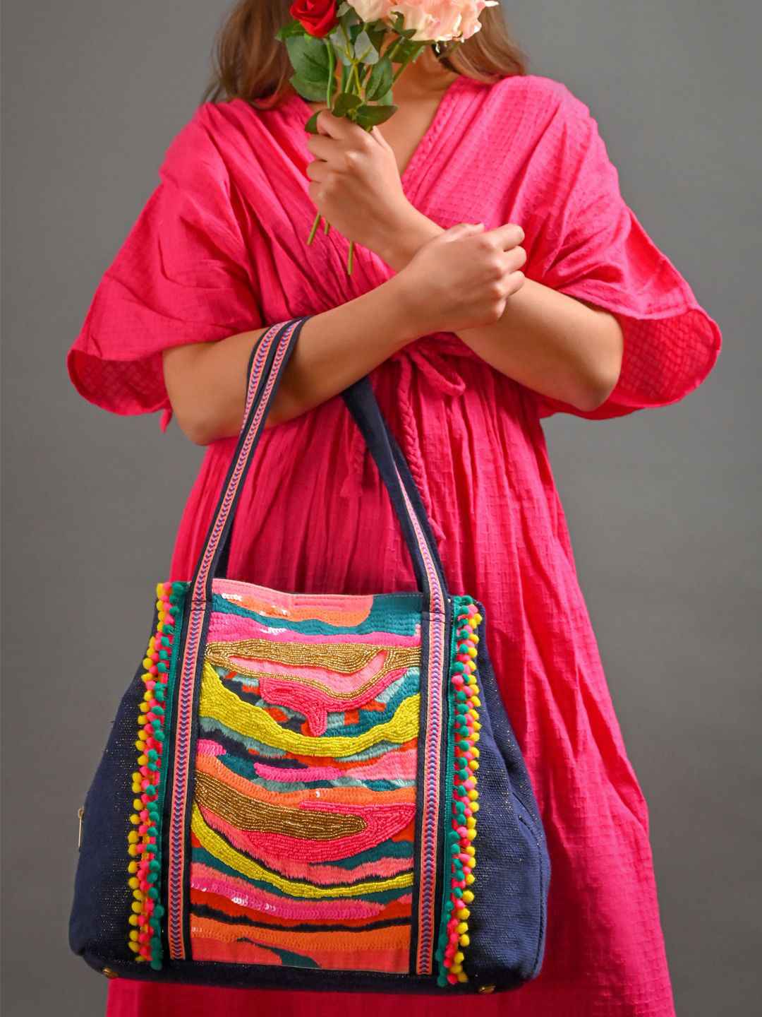 BohoGirl Textured Embroidered Structured Canvas Shoulder Bag- Up to 12 inch