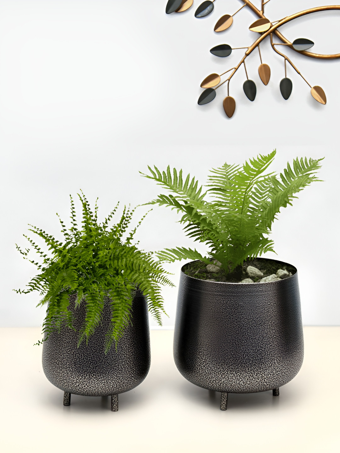 Homesake Silver  Toned & White 2 Pieces Textured Metal Planters With Holder