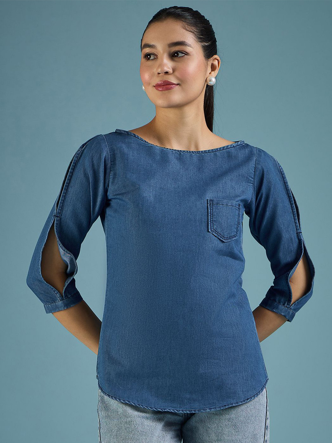 DressBerry Women Slit Sleeve Denim Boat Neck Top