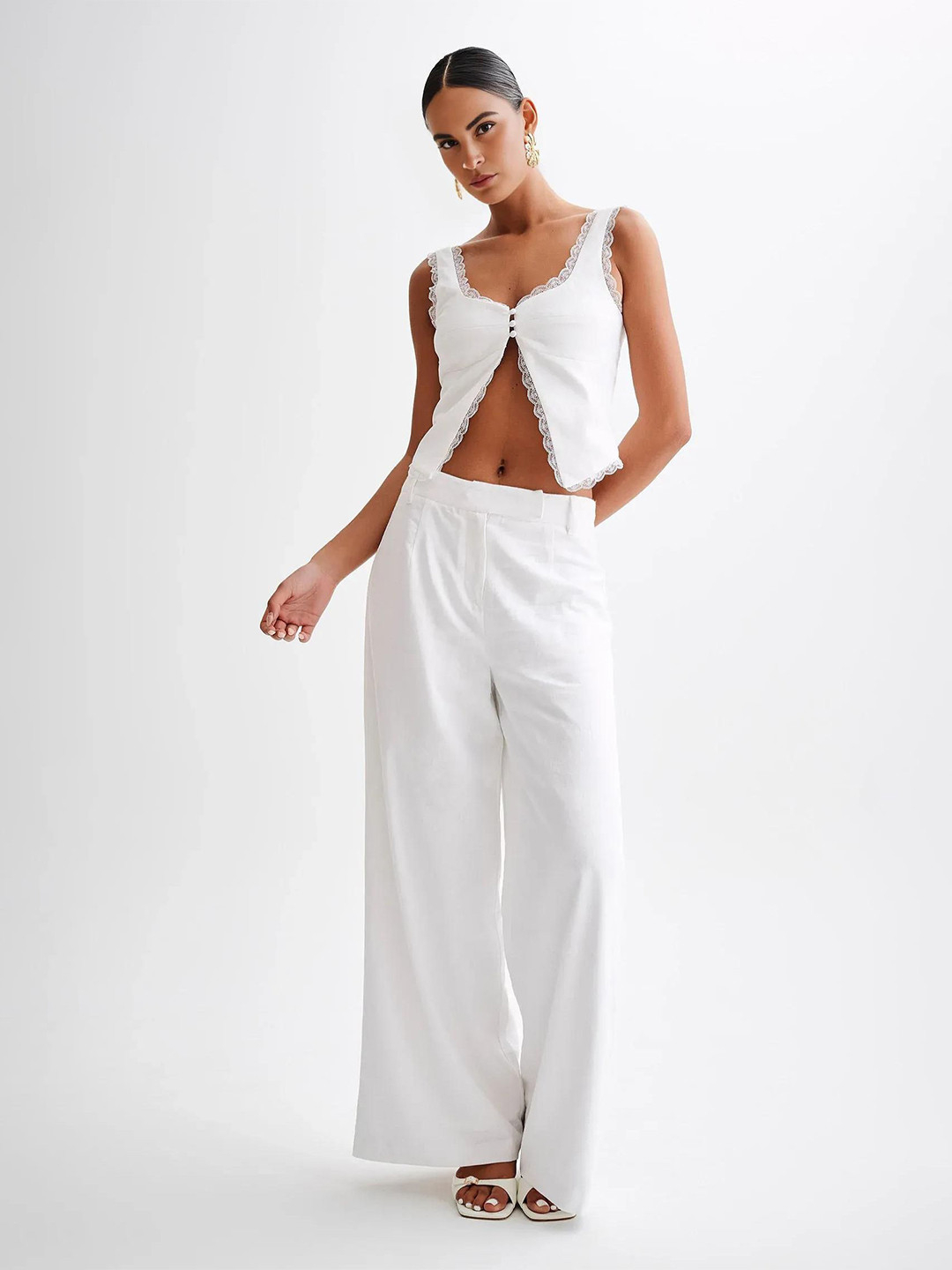 Bee Boe Women Solid White Bee Linen Collection Top