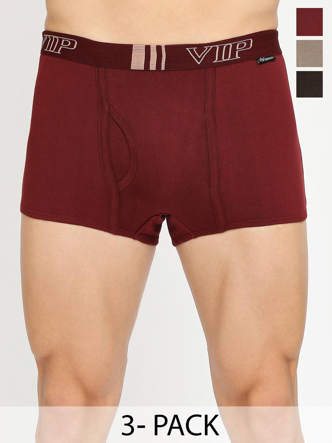 VIP Pack of 3 Assorted Colors Solid Cotton Breathability Trunks