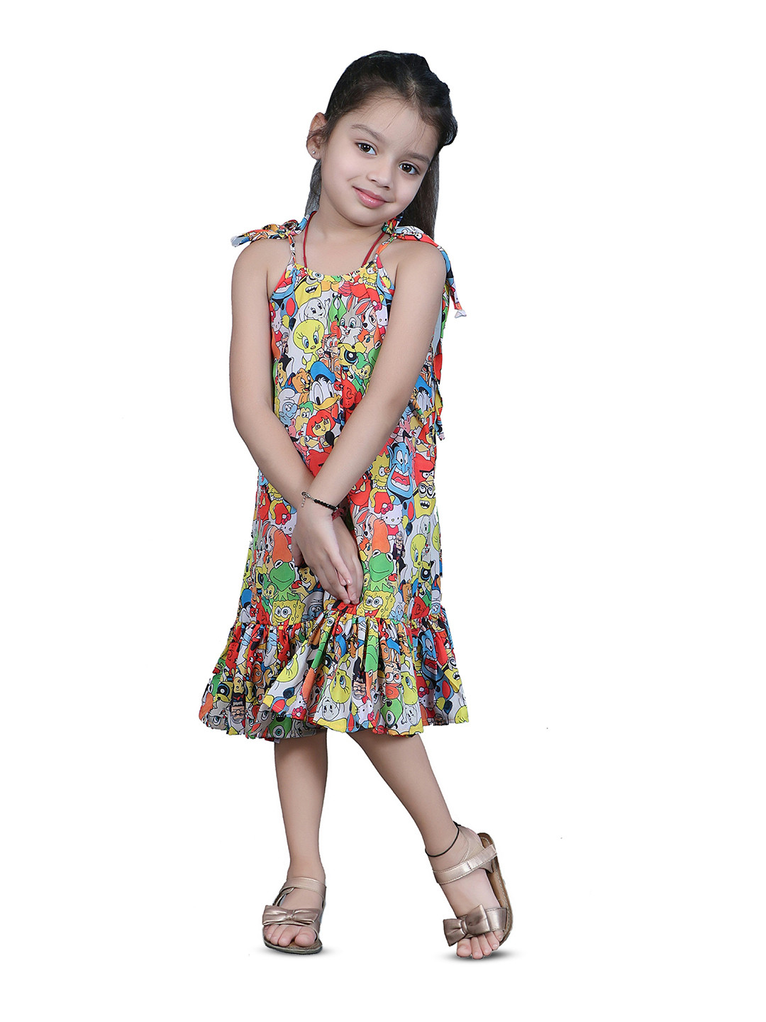 EthIndia Girls Cartoon Characters Print Satin A-Line Dress