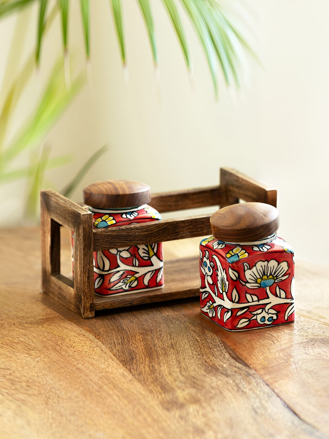 ExclusiveLane Red & White 3 Pieces Printed Containers With Holder 700 ml Each