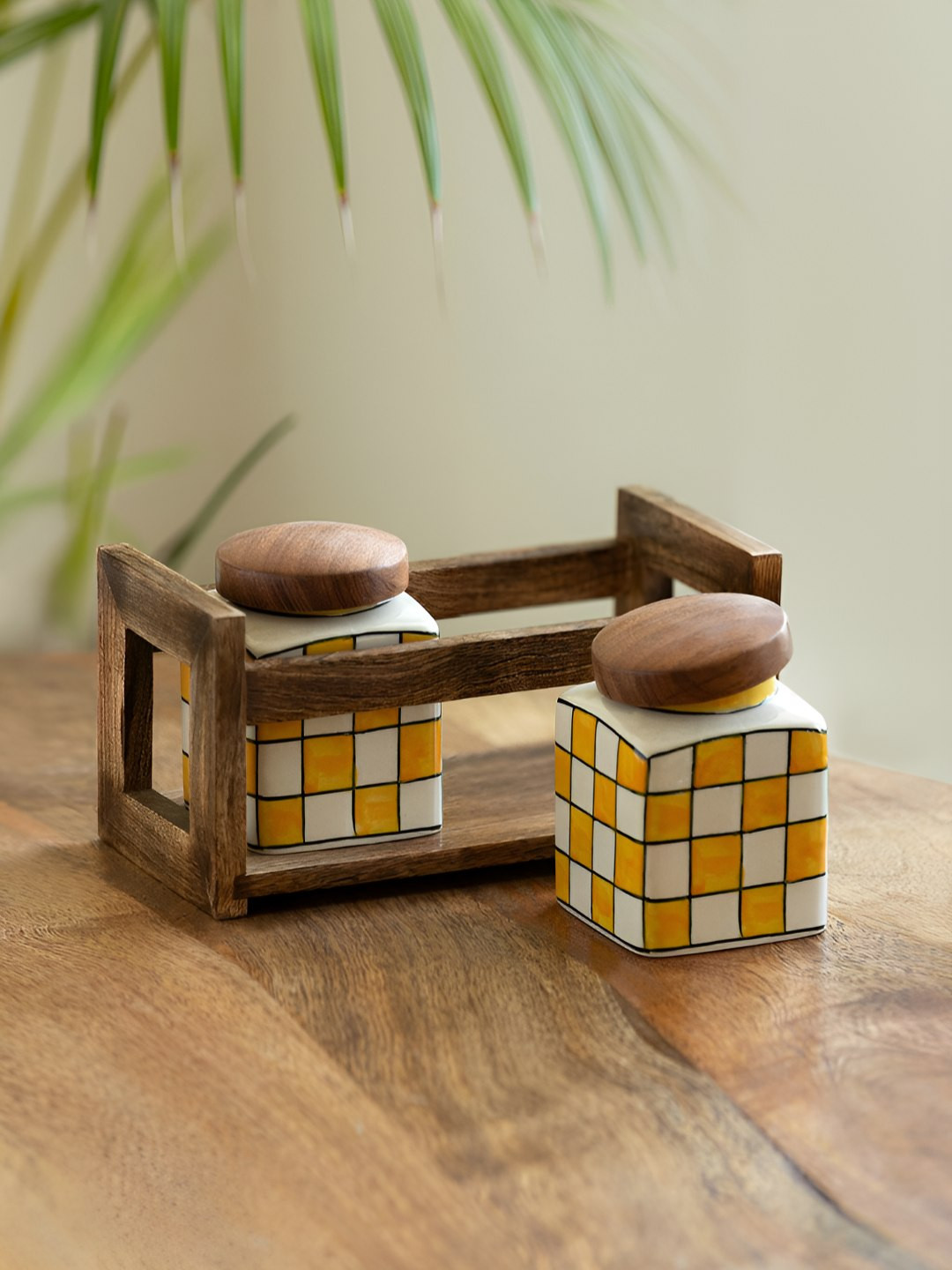 ExclusiveLane White & Yellow 3 Pieces Printed Ceramic Containers With Holder 240ml Each