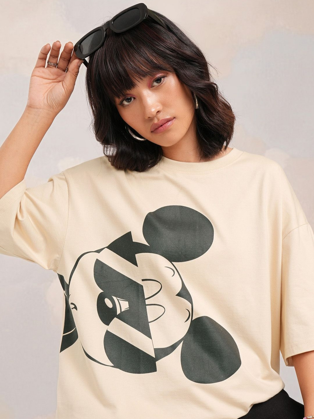 Tokyo Talkies Disney Women Drop Shoulder Sleeves Mickey Mouse Printed Oversized Tshirt