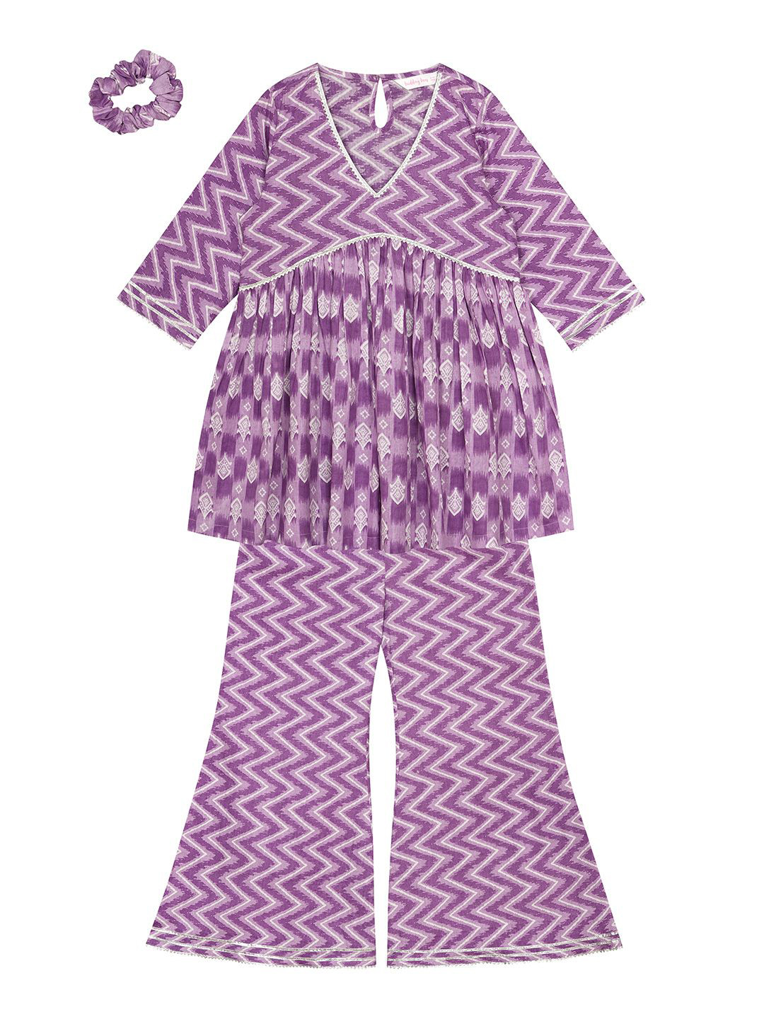 Budding Bees Girls Chevron Empire Gotta Patti Pure Cotton Kurta With Palazzos & Scrunchie