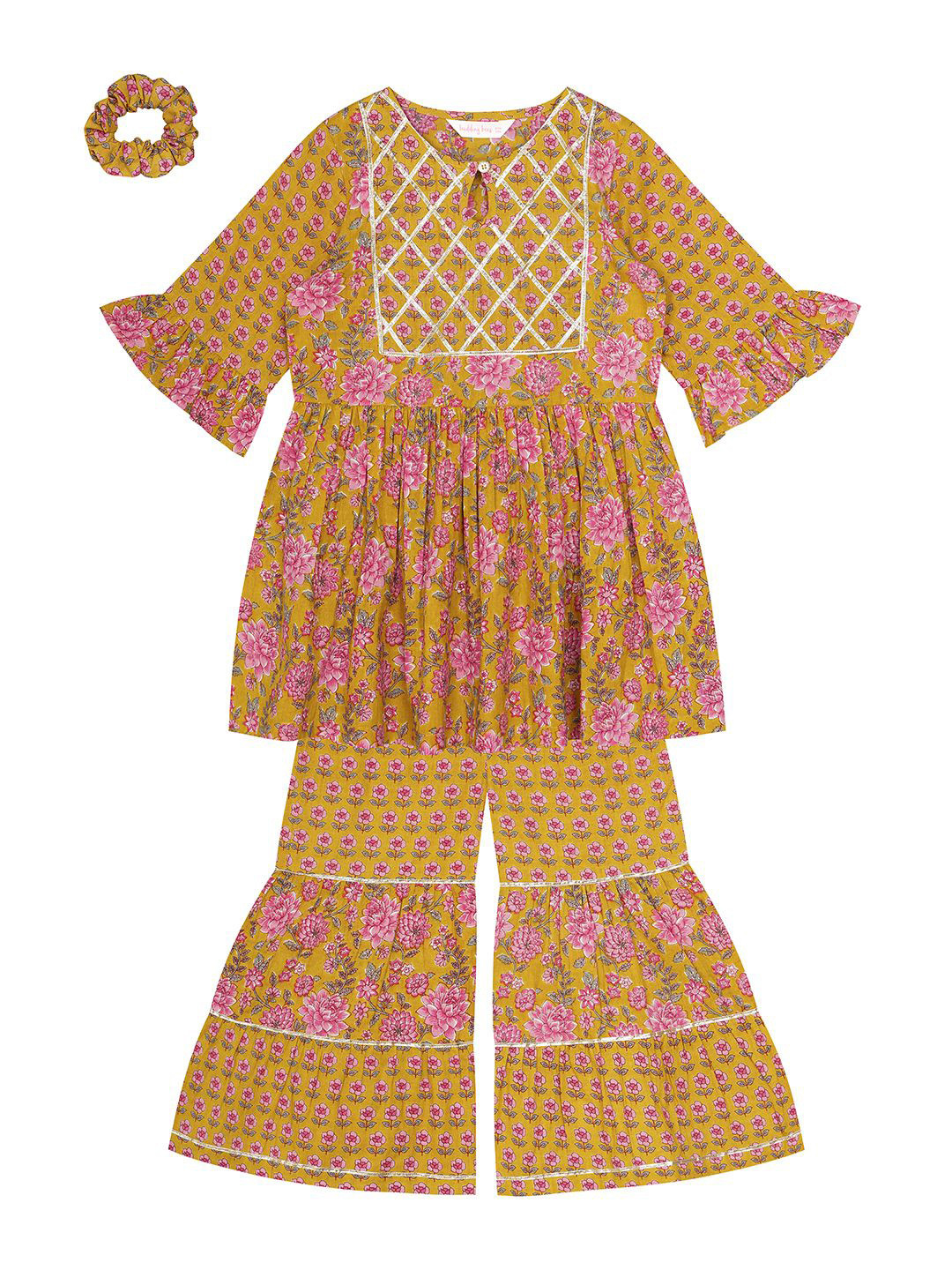 Budding Bees Girls Floral Printed Pure Cotton Anarkali Kurta & Sharara & Scrunchies