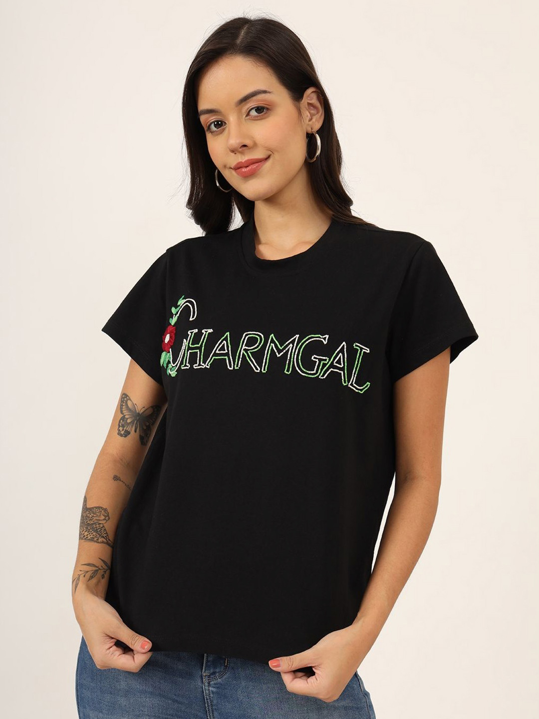 CHARMGAL Women Typography Beads Detail T-shirt