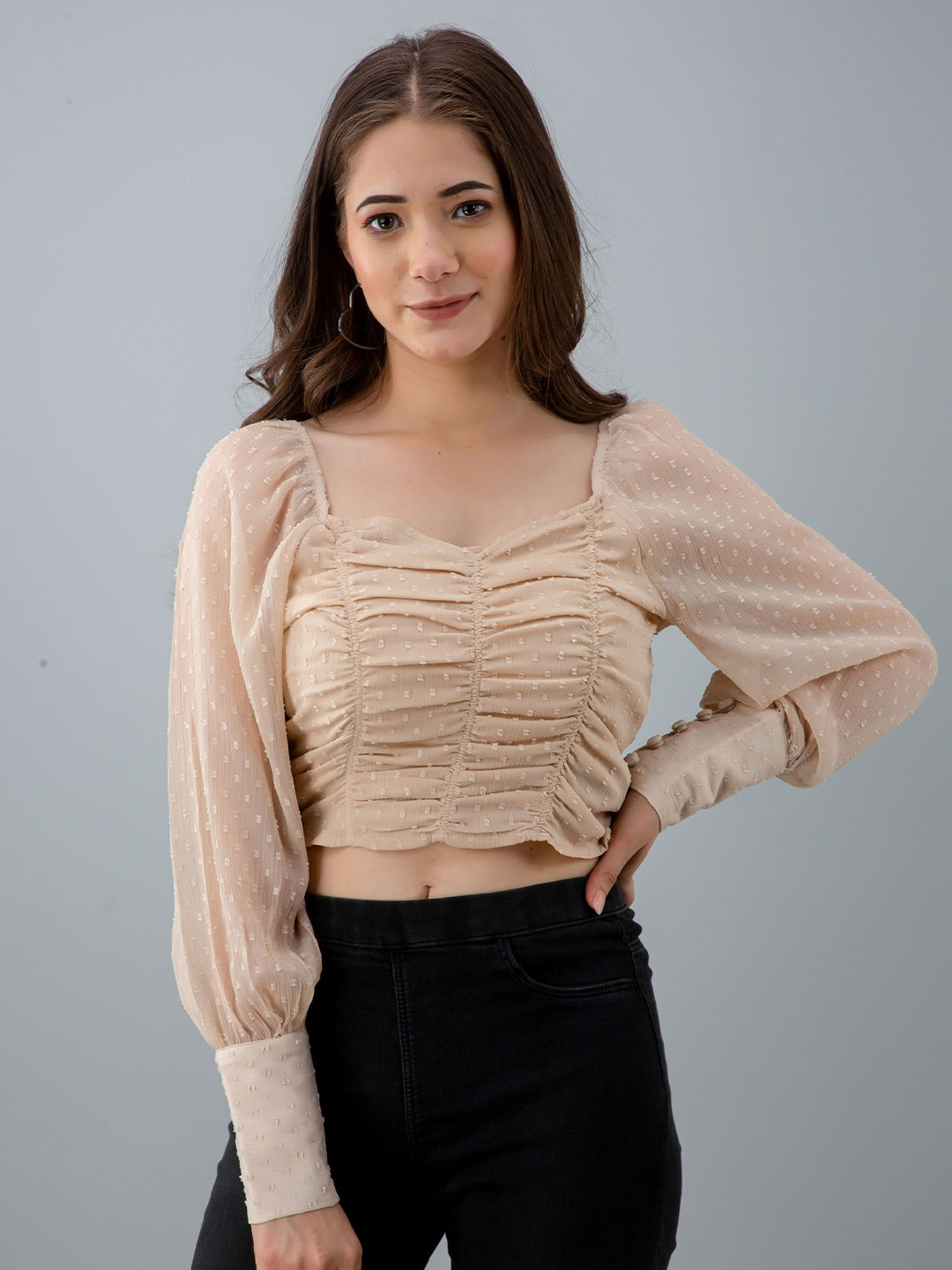 Fuchsia  Women Striped Sweetheart Neck Puff Sleeve Chiffon Crop Top