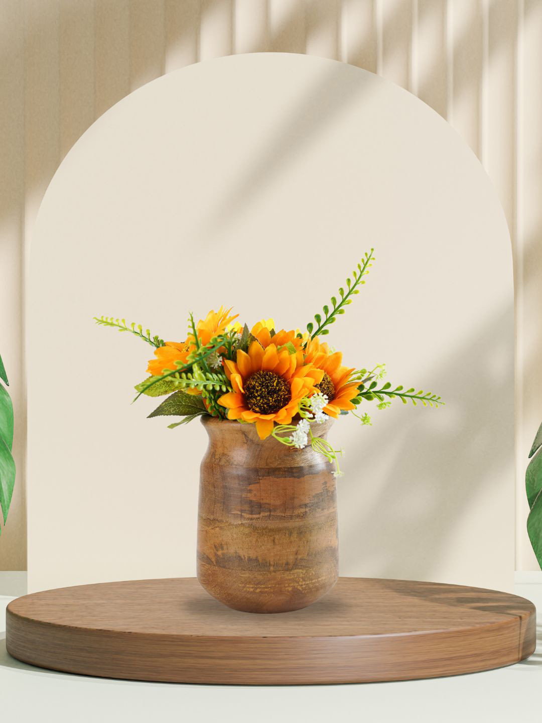 BEHOMA Brown Walnut Finish Wooden Round Shaped Flower Vase