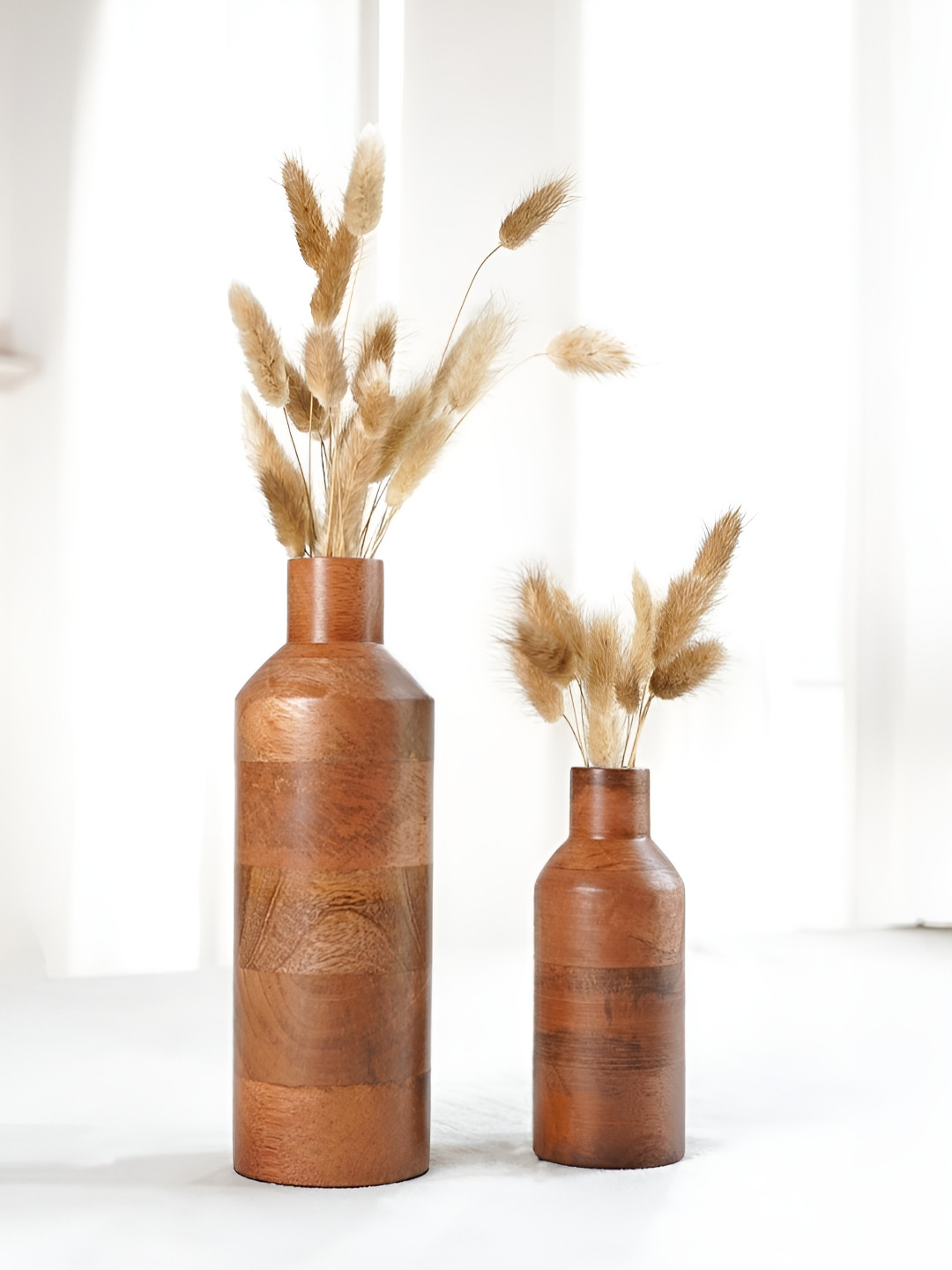 BEHOMA Set of 2 Walnut Finish Wooden Cylindrical Flower Vases Set