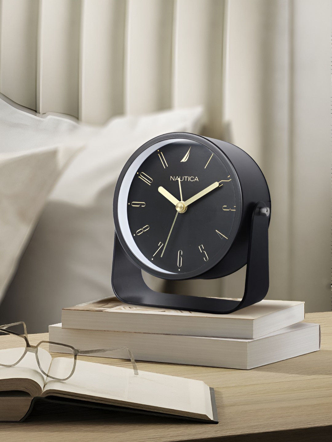 Nautica Gold Toned & Black Round Contemporary Alarm Clock