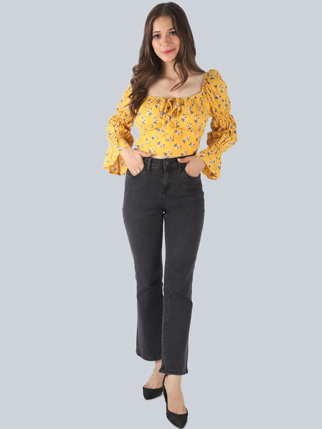 Fuchsia  Floral Printed Bell Sleeve Blouson Top